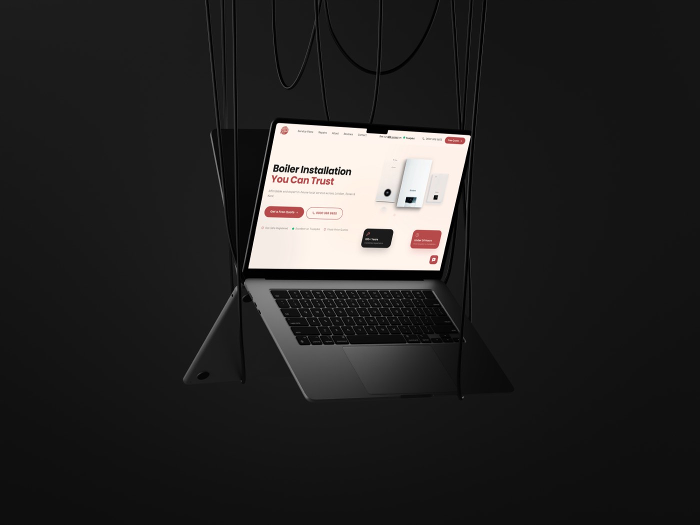 Boiler and Install website shown on a suspended laptop