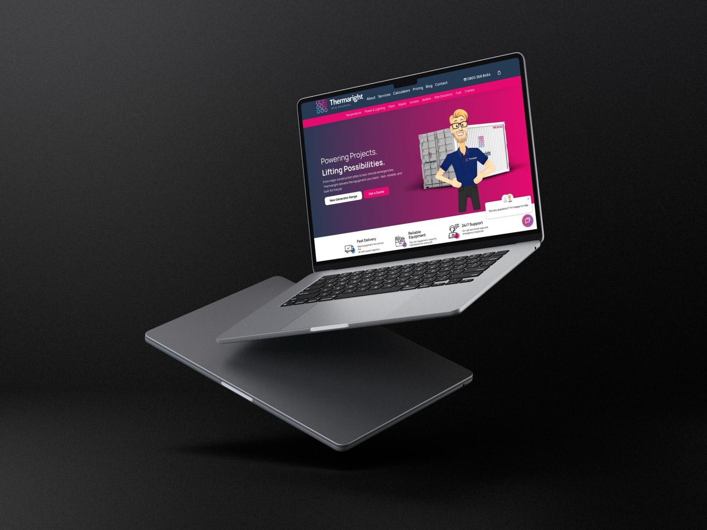 Thermaright equipment-hire website shown on a floating laptop