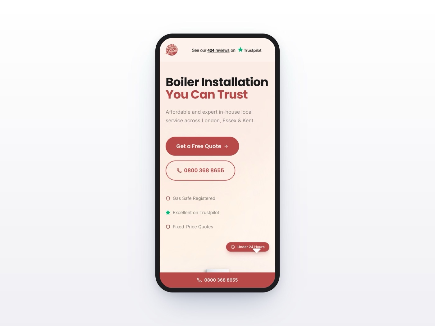 The Boiler and Install site on a phone