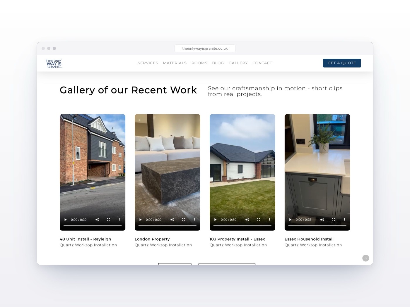 The gallery section, with short clips of real worktop installations